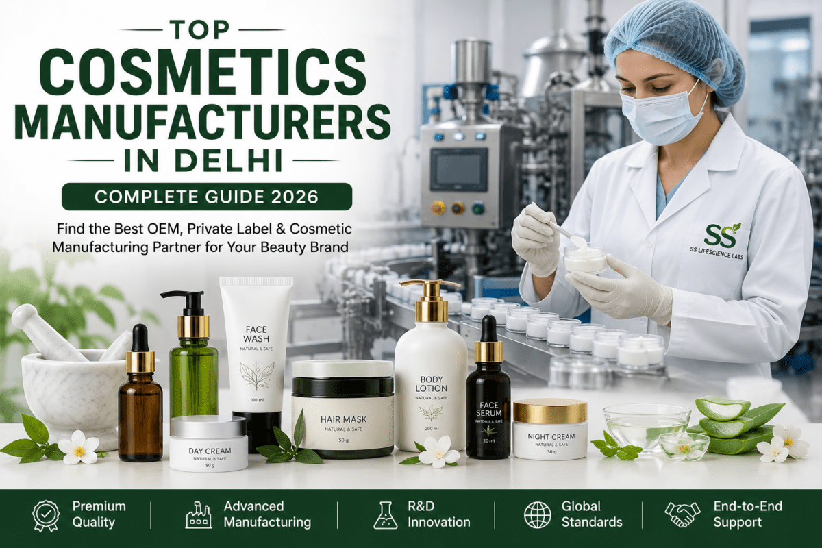 Top Cosmetics Manufacturers in Delhi offering OEM, private label, and cosmetic manufacturing services for skincare, haircare, and personal care products