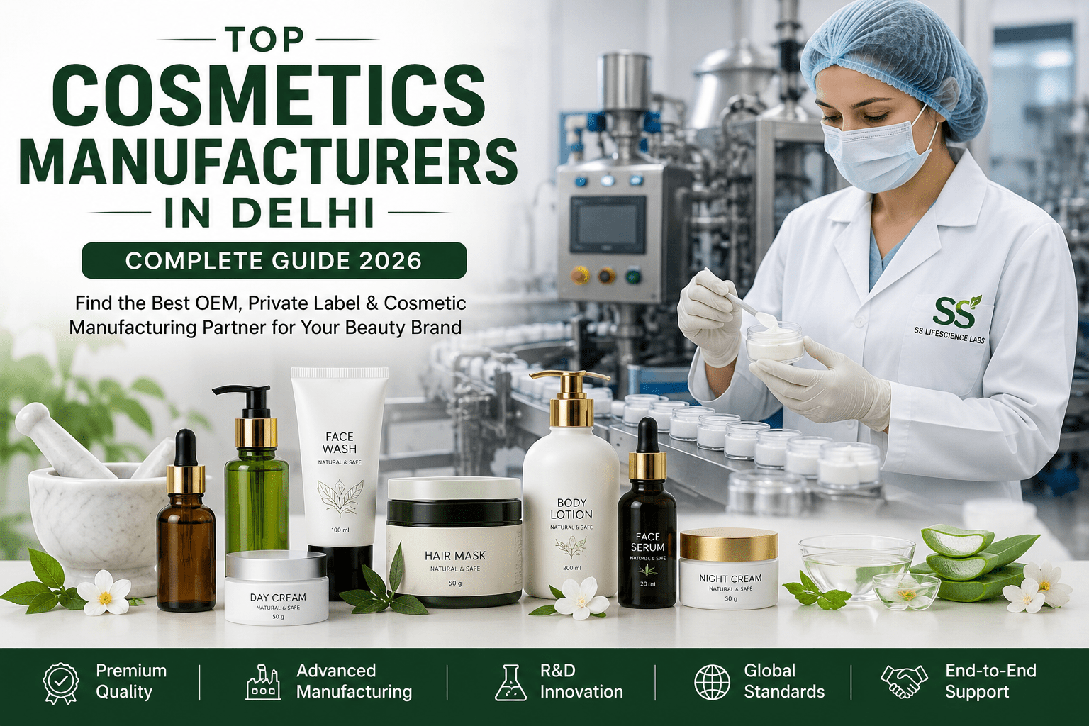 Top Cosmetics Manufacturers in Delhi offering OEM, private label, and cosmetic manufacturing services for skincare, haircare, and personal care products