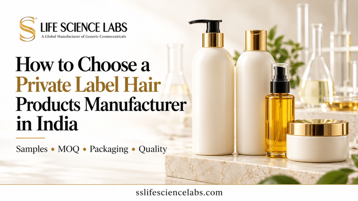 Haircare bottles and manufacturing setup at SS Life Science Labs
